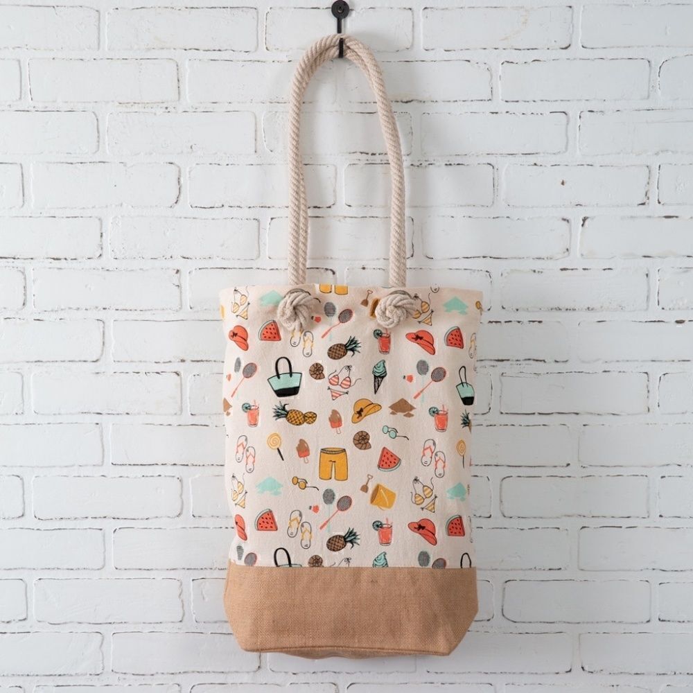 NEW! Summer Fun Ditsy Fabric Market Bag Summer Shopping Tote Beach Hat Vacation